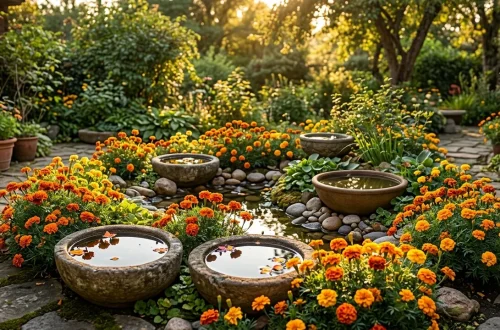 A sunny outdoor patio decorated with mini ponds and bright orange marigolds.