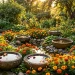 A sunny outdoor patio decorated with mini ponds and bright orange marigolds.