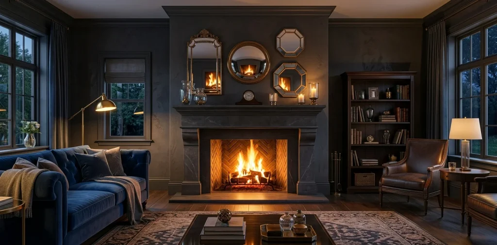 Cozy living room with a glowing fireplace and mirrored decor on the mantel reflecting the firelight.
