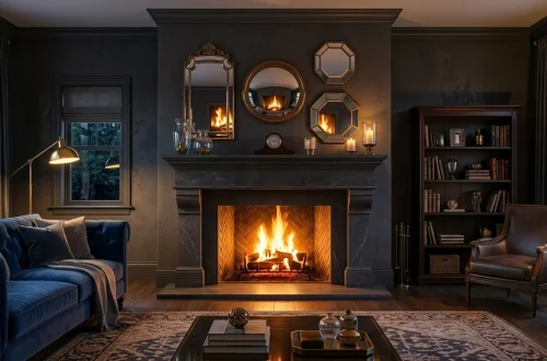Cozy living room with a glowing fireplace and mirrored decor on the mantel reflecting the firelight.