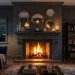 Cozy living room with a glowing fireplace and mirrored decor on the mantel reflecting the firelight.
