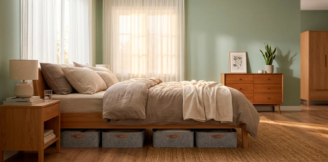 Modern bedroom showing stylish under-bed storage containers keeping seasonal clothes organized.