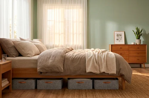 Modern bedroom showing stylish under-bed storage containers keeping seasonal clothes organized.