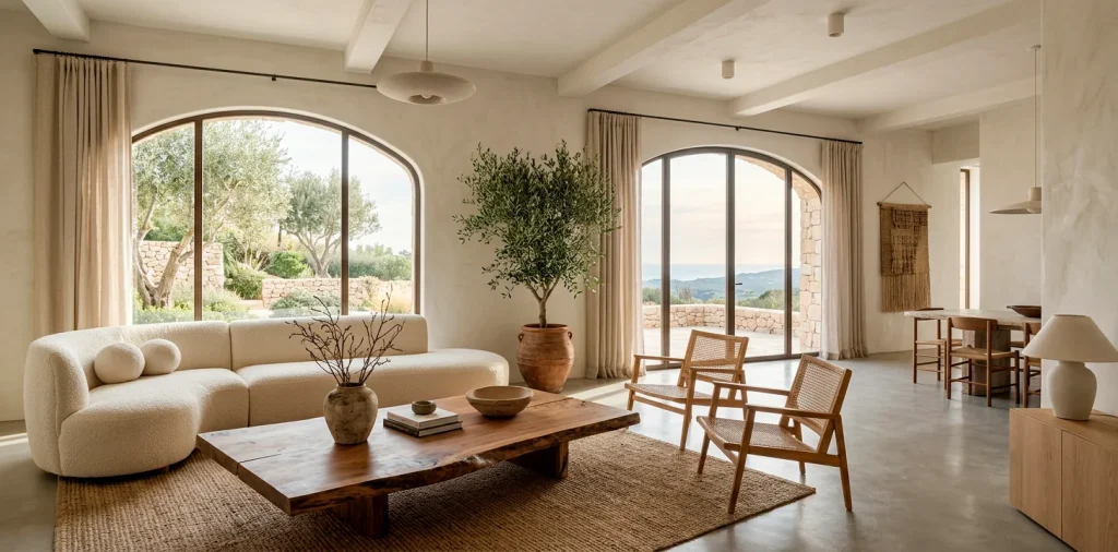 Organic modern living room featuring a curved boucle sofa, natural wood coffee table, and soft earthy tones.
