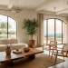 Organic modern living room featuring a curved boucle sofa, natural wood coffee table, and soft earthy tones.
