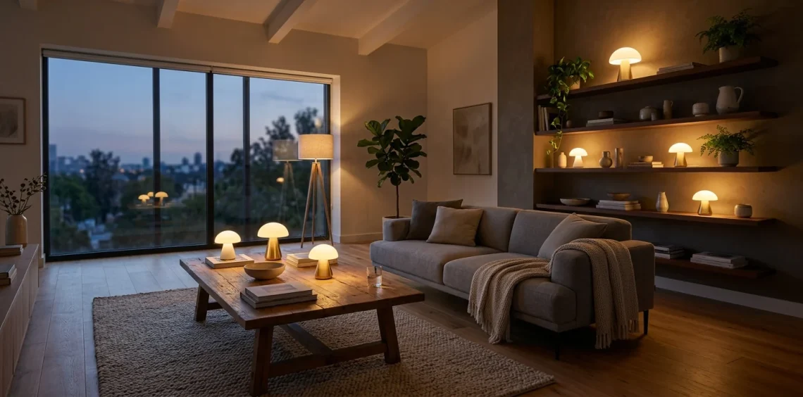 Several portable mushroom lamps glowing warmly in a cozy, modern living room setting at dusk.
