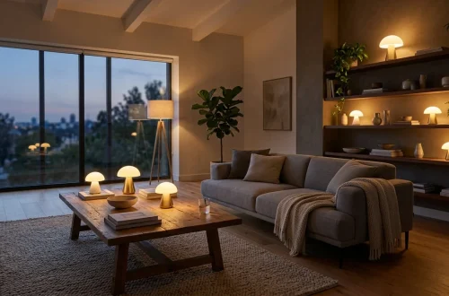 Several portable mushroom lamps glowing warmly in a cozy, modern living room setting at dusk.