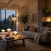 Several portable mushroom lamps glowing warmly in a cozy, modern living room setting at dusk.