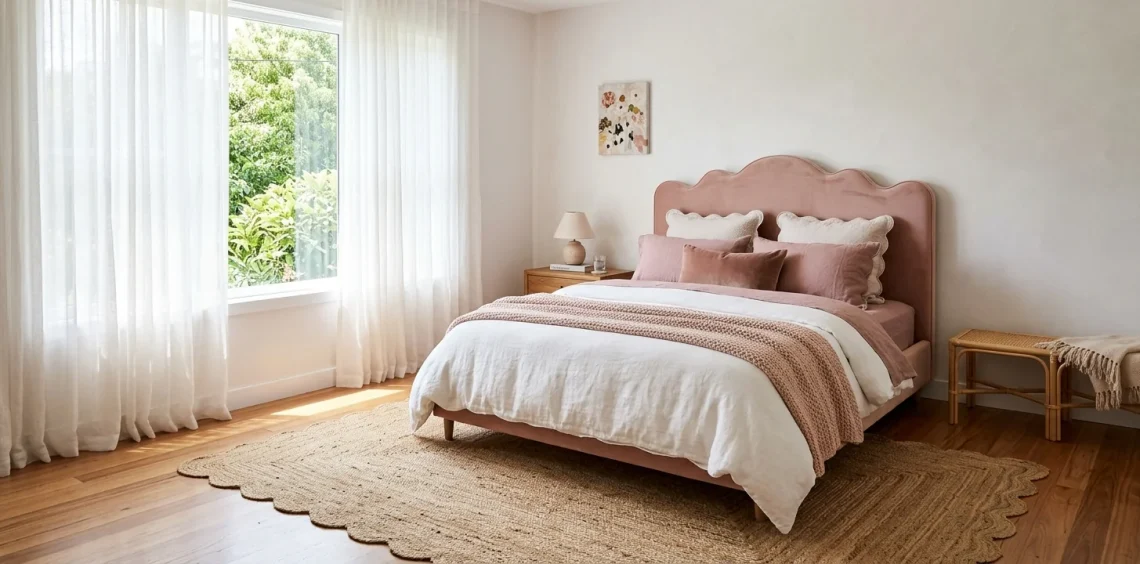 Beautiful modern bedroom featuring a pink scalloped headboard and wavy jute rug