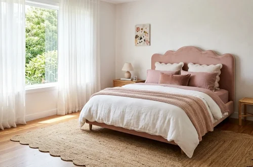 Beautiful modern bedroom featuring a pink scalloped headboard and wavy jute rug