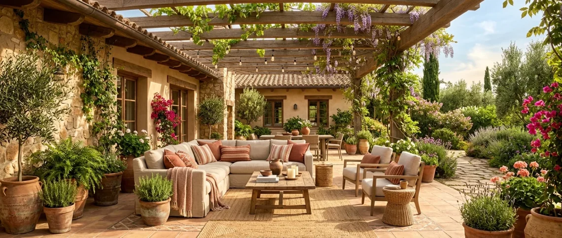 Sun-drenched backyard patio featuring warm clay accents, terracotta planters, and comfortable outdoor seating.