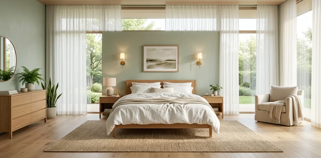 A modern, spacious bedroom featuring soft sage green walls, a warm oak bed with white linens, and brass wall sconces.