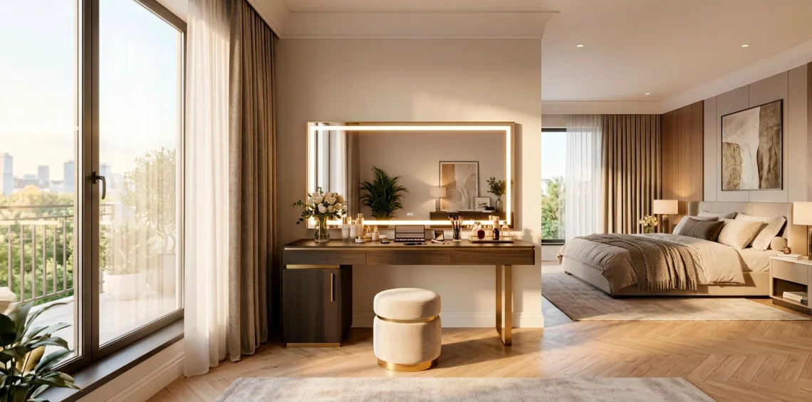Sleek modern makeup vanity desk with built-in LED lighting in a brightly lit, luxurious bedroom interior.