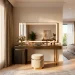 Sleek modern makeup vanity desk with built-in LED lighting in a brightly lit, luxurious bedroom interior.