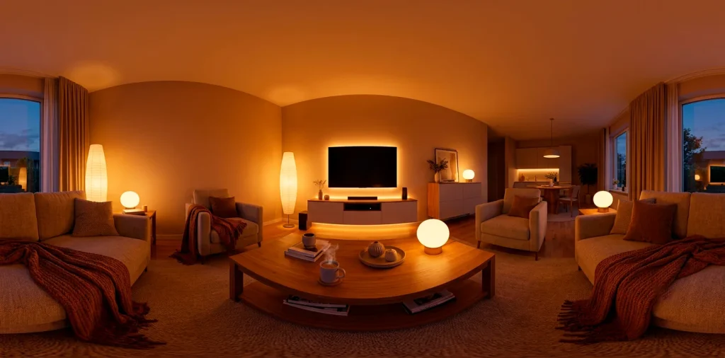 Cozy living room illuminated by warm ambient lighting fixtures creating a relaxing evening vibe