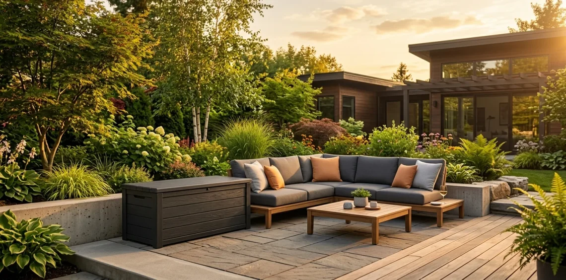 Sleek heavy-duty deck box protecting outdoor cushions next to a modern patio sectional sofa at golden hour