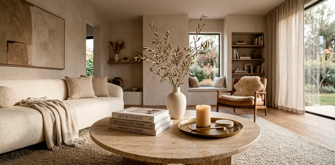 Luxurious living room featuring a perfectly styled travertine coffee table with books and brass accents