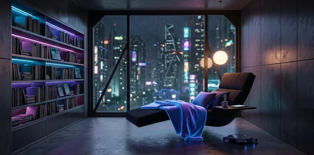 Wide view of a futuristic reading nook with neon blue and purple lights illuminating black bookshelves