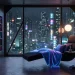 Wide view of a futuristic reading nook with neon blue and purple lights illuminating black bookshelves