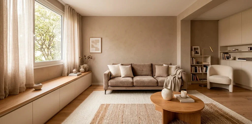 Cohesive monochrome small living room in warm taupe and cream with textured decor and sleek furniture.