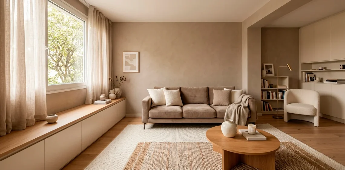 Cohesive monochrome small living room in warm taupe and cream with textured decor and sleek furniture.