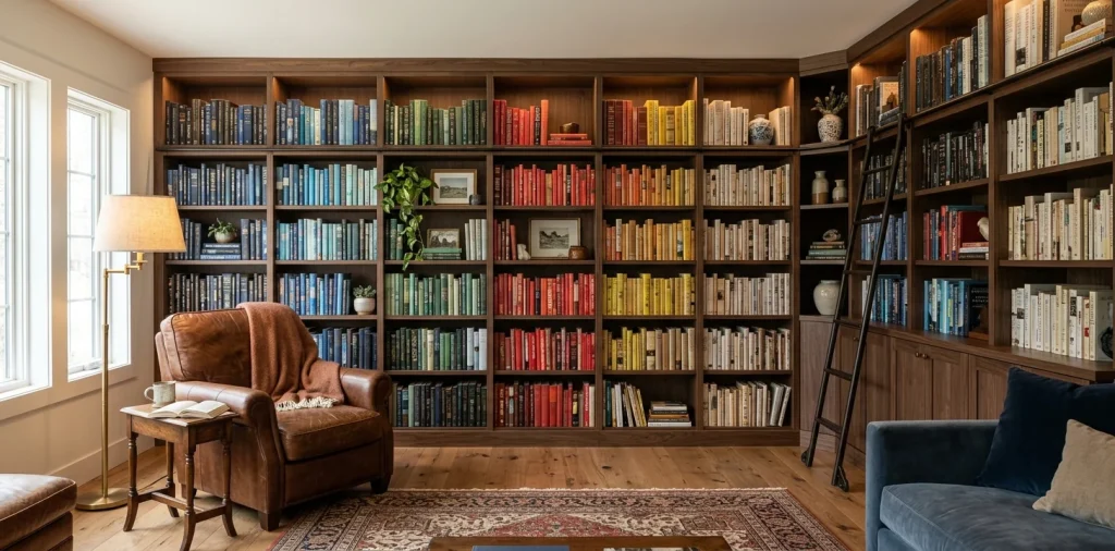 Wide view of a stunning color coded home library in a cozy living room with rainbow organized bookshelves.