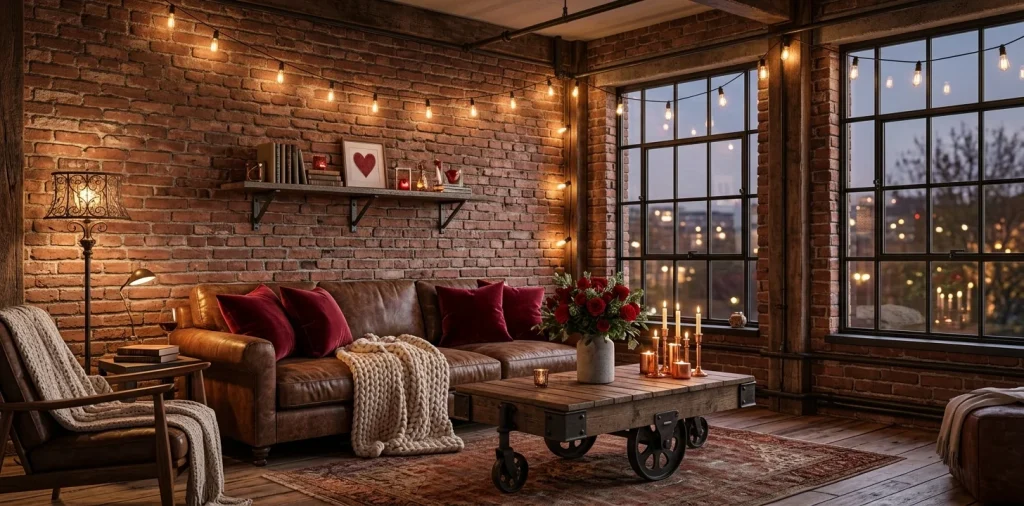 Industrial living room decorated for Valentine's Day with exposed brick, leather sofa, and red roses in a concrete vase.