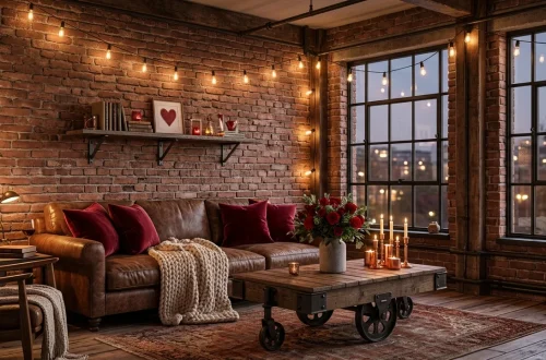 Industrial living room decorated for Valentine's Day with exposed brick, leather sofa, and red roses in a concrete vase.