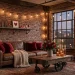 Industrial living room decorated for Valentine's Day with exposed brick, leather sofa, and red roses in a concrete vase.