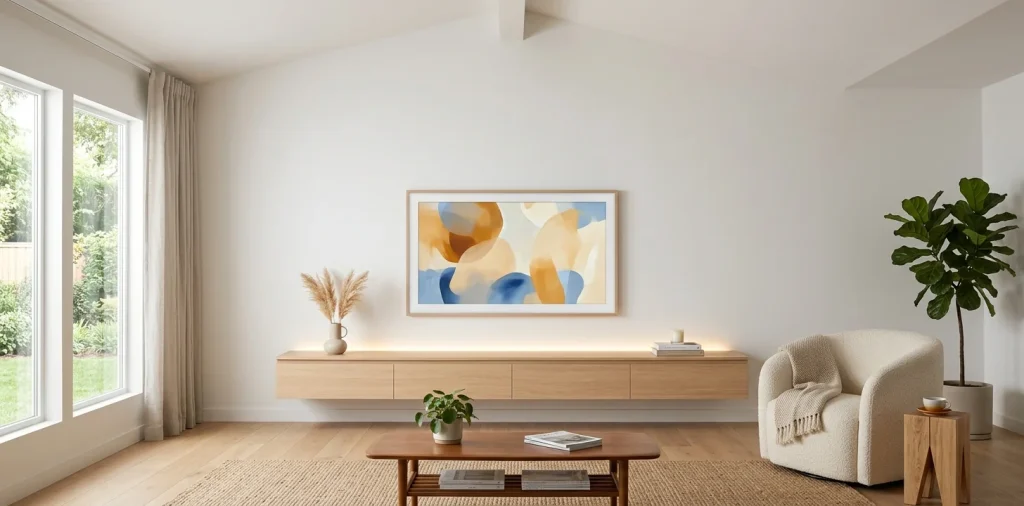 Minimalist living room with a perfectly scaled frame TV on a matte white wall