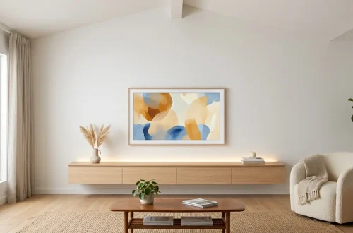 Minimalist living room with a perfectly scaled frame TV on a matte white wall