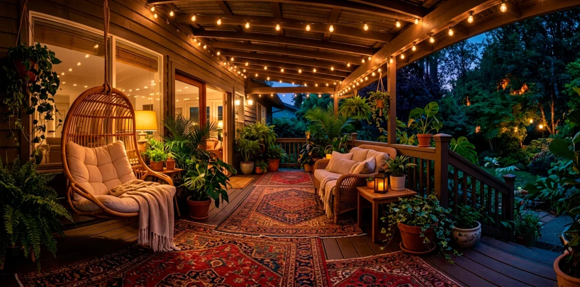 A perfectly styled cozy boho front porch at twilight with warm string lights and rattan furniture