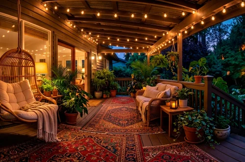 A perfectly styled cozy boho front porch at twilight with warm string lights and rattan furniture