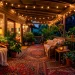 A perfectly styled cozy boho front porch at twilight with warm string lights and rattan furniture
