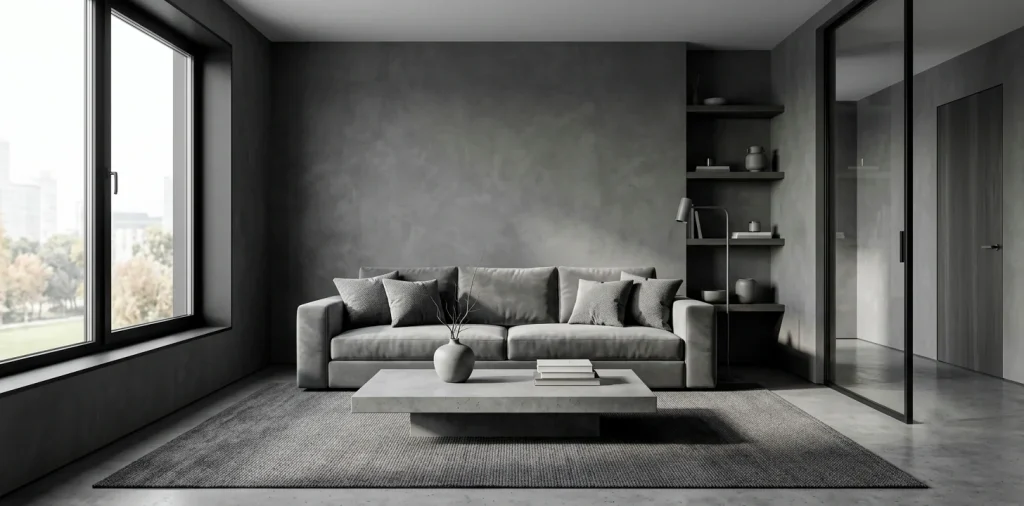 Sophisticated tiny living room designed in monochromatic gray tones with natural light