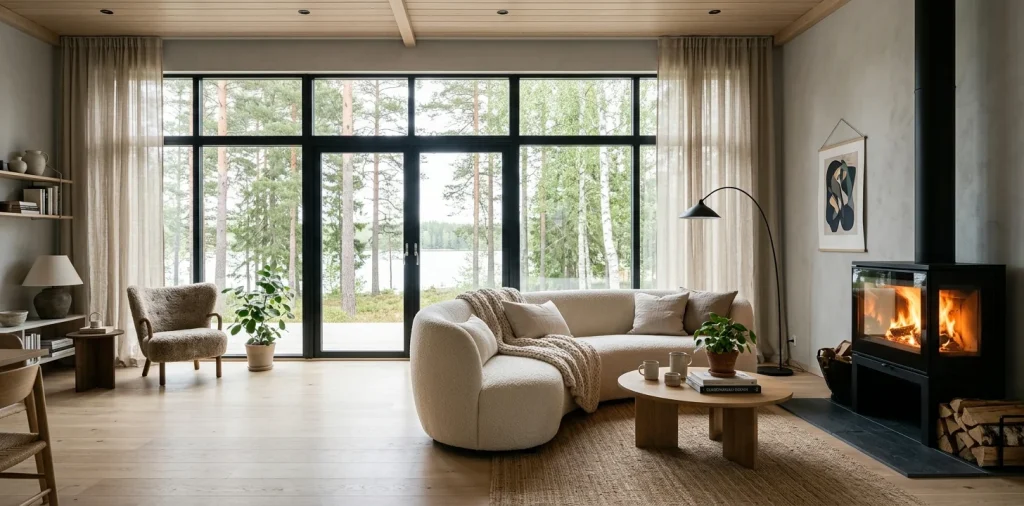 Bright Scandinavian living room featuring a cream boucle sofa, warm oak floors, and a cozy modern fireplace.