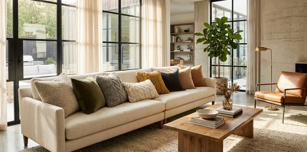A modern linen sofa decorated with various textured throw pillows in bouclé and chunky knits.