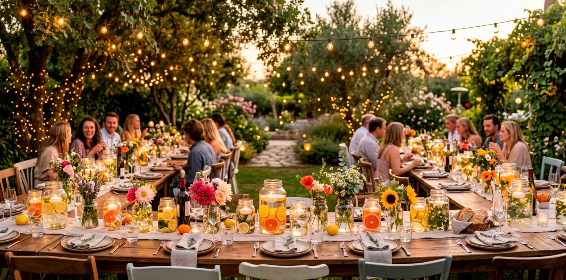 A wide view of a summer patio table decorated with various upcycled mason jar centerpieces under string lights.