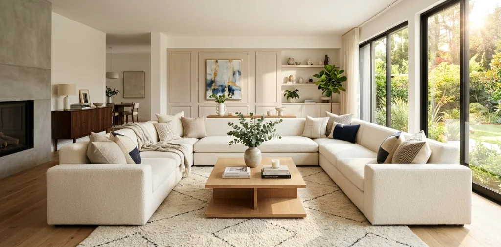 Ultra-modern bright living room featuring a cream modular sofa, sleek oak coffee table, and geometric rug.