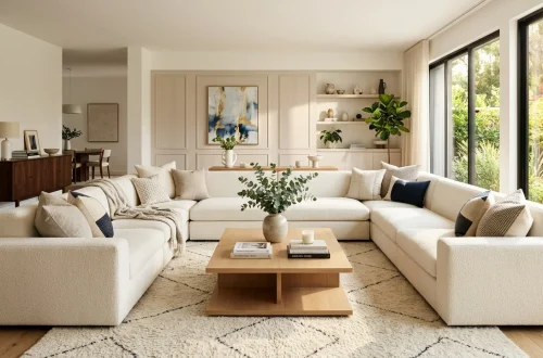 Ultra-modern bright living room featuring a cream modular sofa, sleek oak coffee table, and geometric rug.