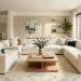 Ultra-modern bright living room featuring a cream modular sofa, sleek oak coffee table, and geometric rug.