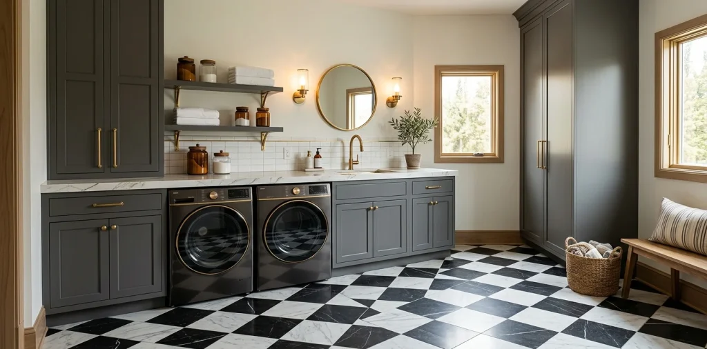A modern laundry room featuring a bold black and white checkered floor and sleek appliances