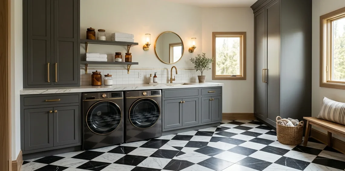 A modern laundry room featuring a bold black and white checkered floor and sleek appliances