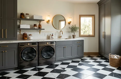 A modern laundry room featuring a bold black and white checkered floor and sleek appliances