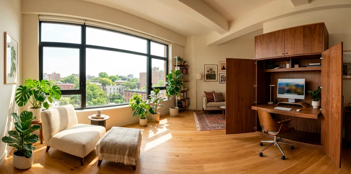 A stylish studio apartment featuring a mid century wooden cabinet that hides a home office setup