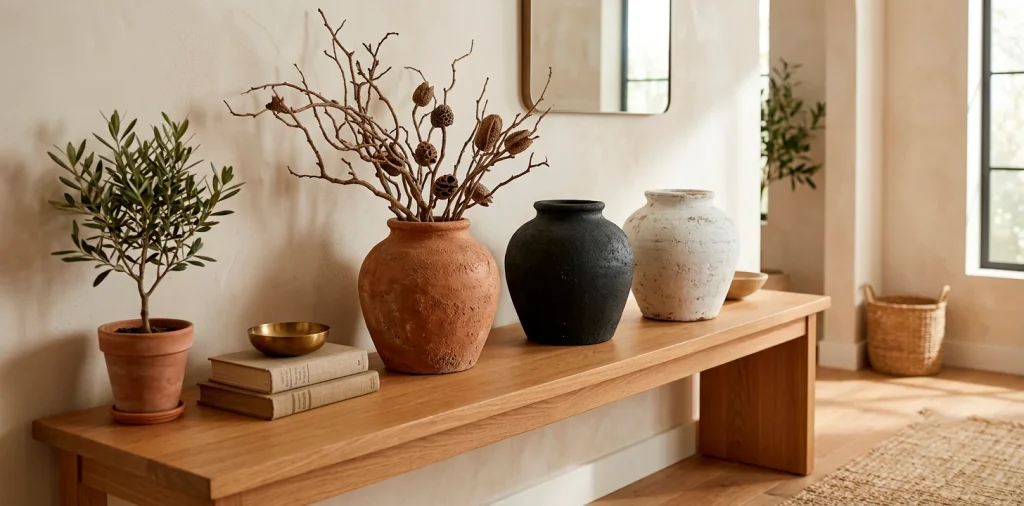 Three textured DIY faux vintage vases sitting on a modern wooden entryway table