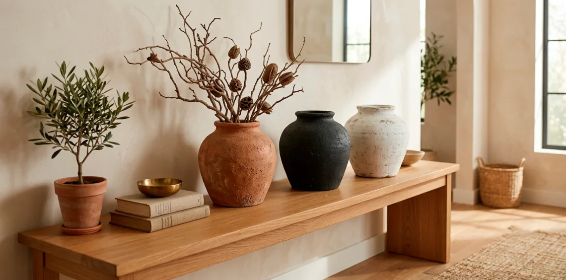 Three textured DIY faux vintage vases sitting on a modern wooden entryway table