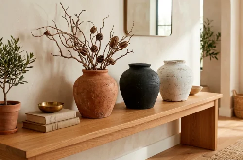 Three textured DIY faux vintage vases sitting on a modern wooden entryway table