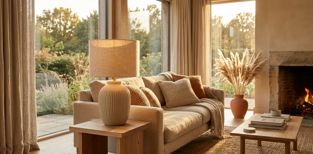 A beige ribbed ceramic table lamp illuminating a cozy living room with soft, organic textures and neutral decor.