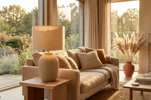 A beige ribbed ceramic table lamp illuminating a cozy living room with soft, organic textures and neutral decor.
